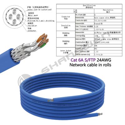 Blue Rj45 CAT6A 24AWG SFTP Soft Network Cable 100% Oxygen-Free Copper 4-Pair Multiple Copper Twist UL CE 305M Soft Cat6a Cable
